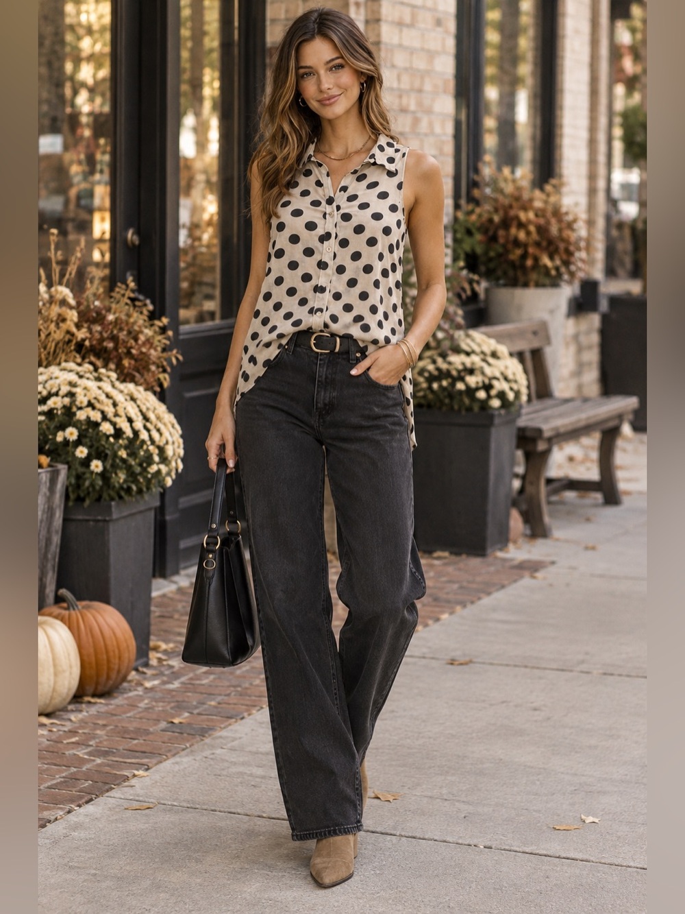 Polka Dot Asymmetrical Sleeveless Button Blouse